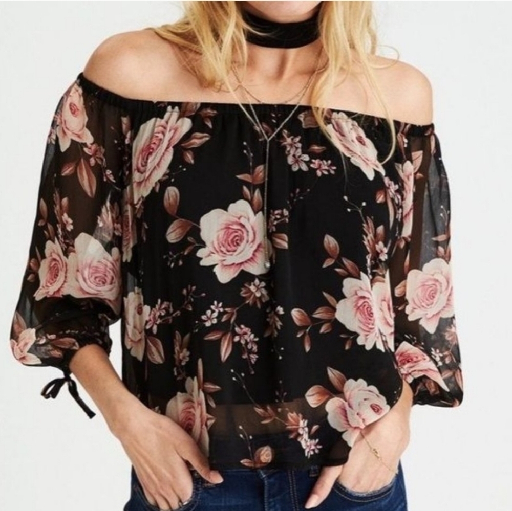 American Eagle Floral Off the Shoulder Chiffon Top